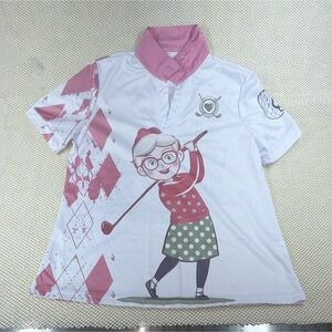Women's Golf Polo Shirt M White/Pink Graphic Print Button Collared Lightweight